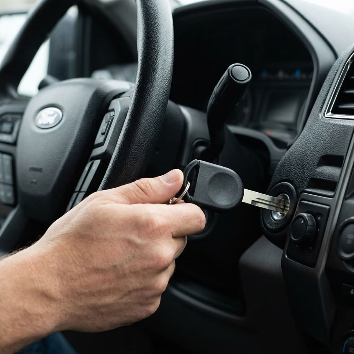 Hand inserting a key into the ignition of a Ford Focus