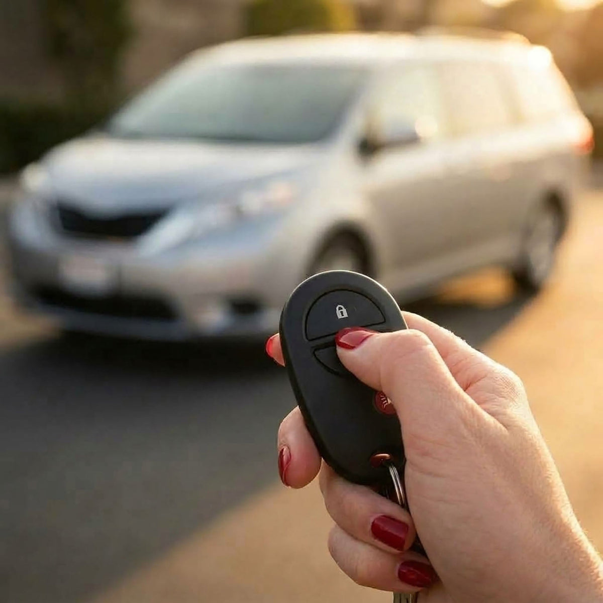 Hand holding a Toyota Sienna key fob with a lock button
