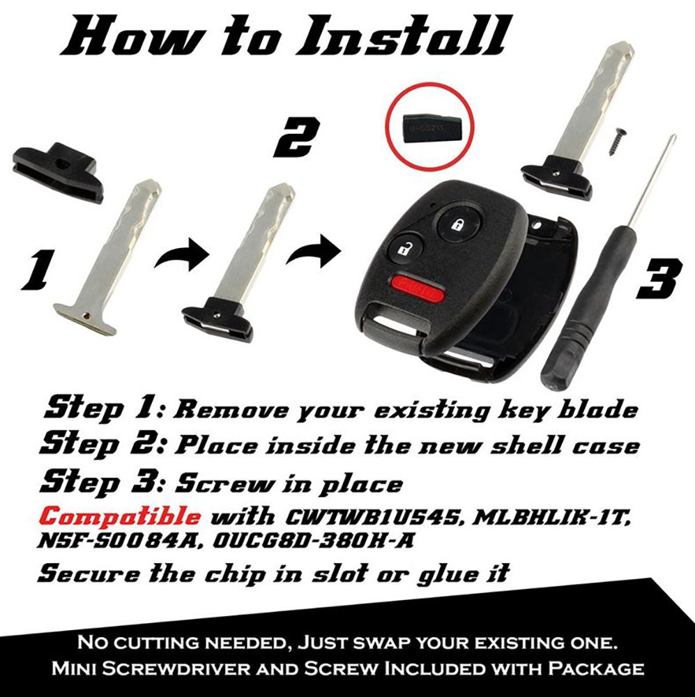 Replacement Honda Remote Shell Kit - 3 buttons - NO CUTTING - Aftermarket