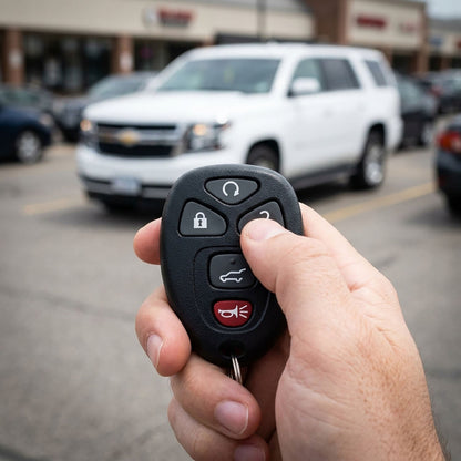 Hand holding a Chevrolet Suburban key fob with remote start and trunk release buttons