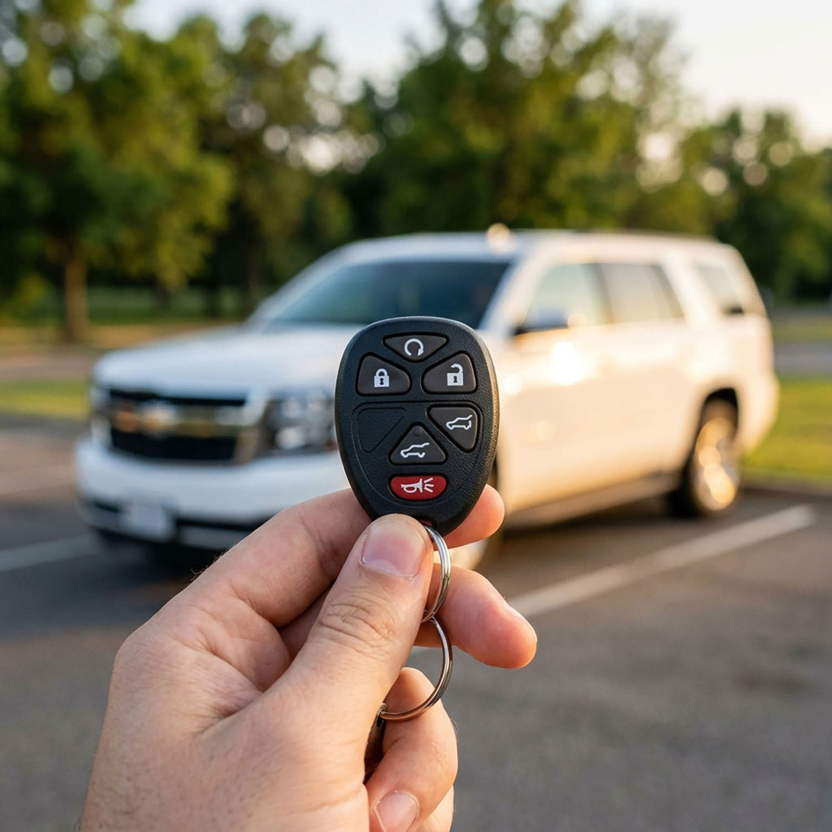 Hand holding a Chevrolet Suburban key fob with remote start and lock buttons