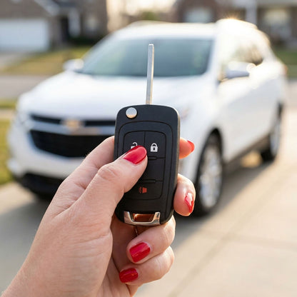 Hand holding a Chevrolet Equinox key fob with a blurred white SUV in the background