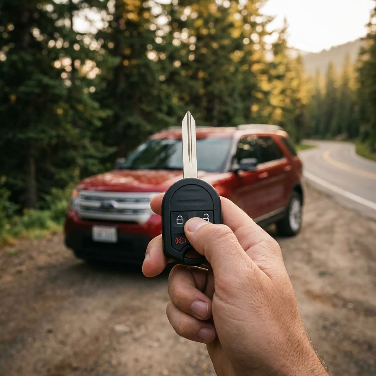 Hand holding a Ford car key fob with a red SUV in the background