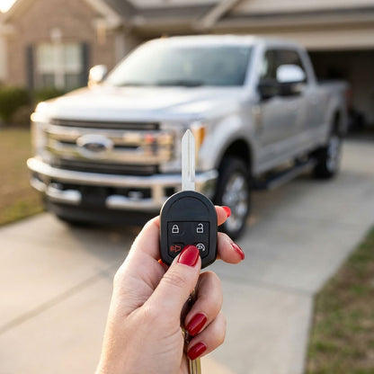 Hand holding a Ford key fob in front of a silver pickup truck
