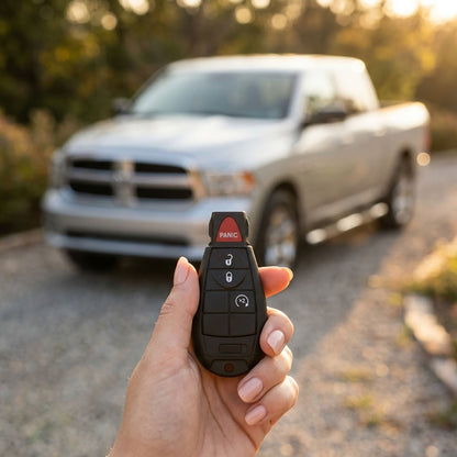 Hand holding a black Chrysler key fob with remote start and panic buttons