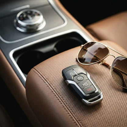 Ford Mustang key fob and aviator sunglasses on brown leather center console