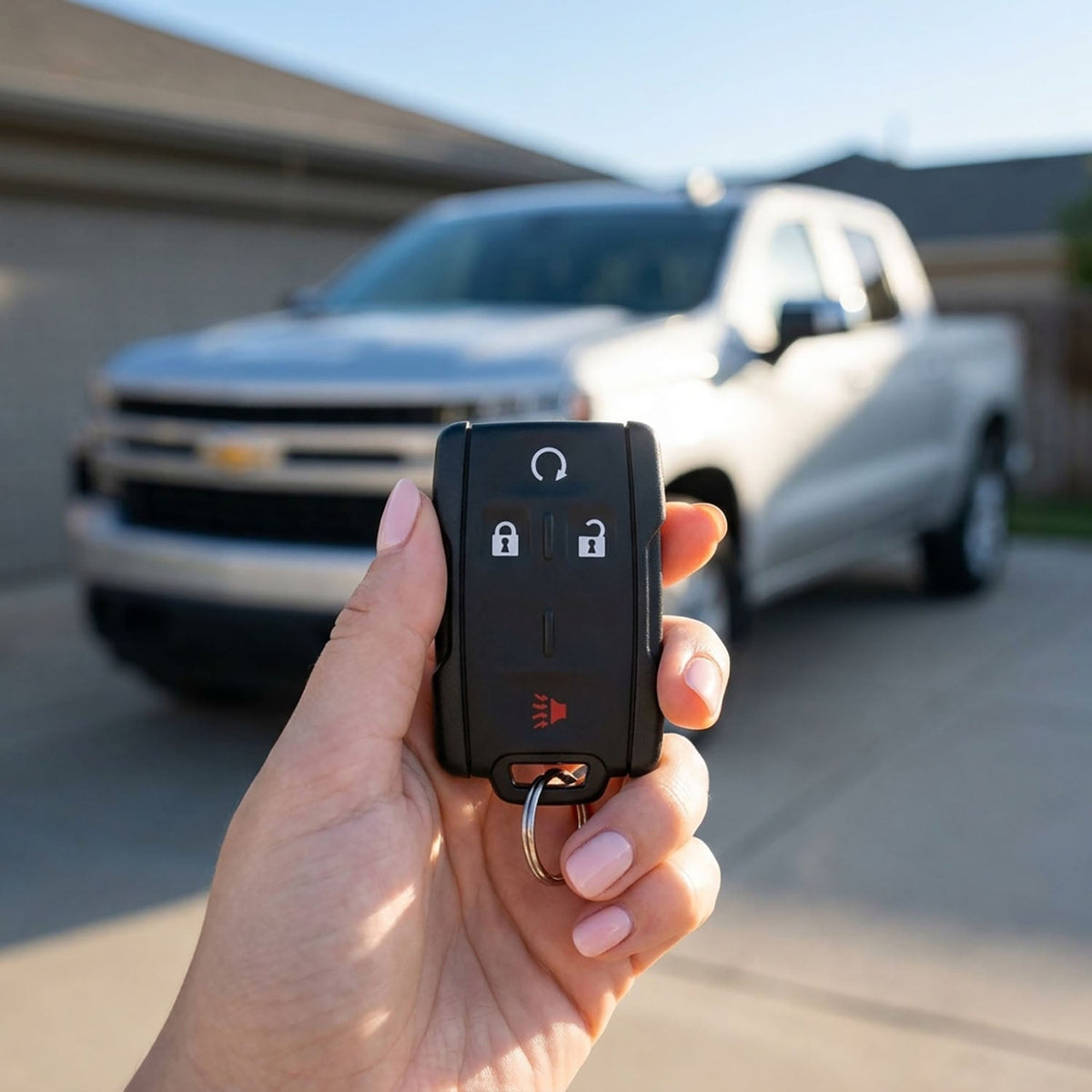 Hand holding a Chevrolet Colorado key fob with remote start and lock buttons