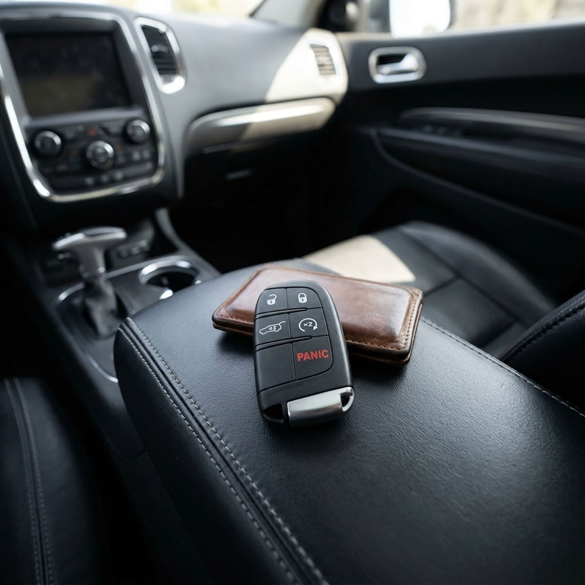 Dodge Durango key fob and brown leather wallet on center console
