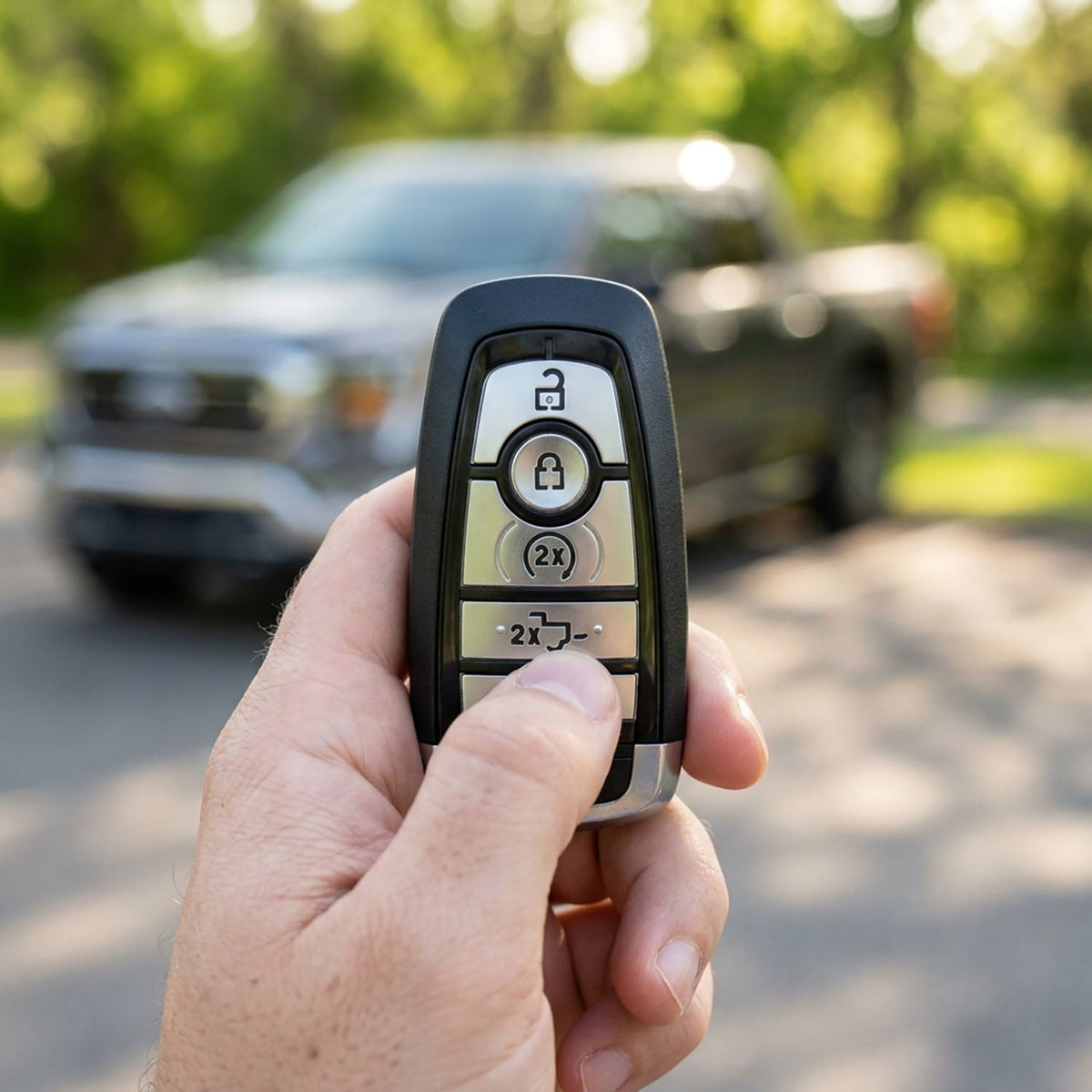 Hand holding a Ford F-150 key fob with remote start and tailgate buttons