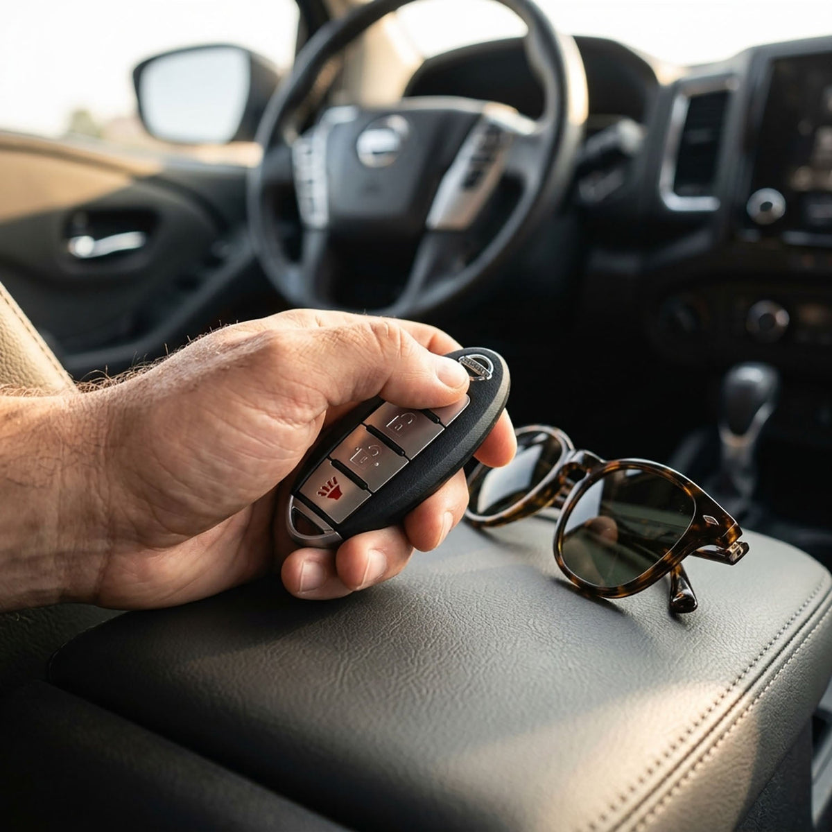 Hand holding a Nissan Kicks key fob with sunglasses on the center console