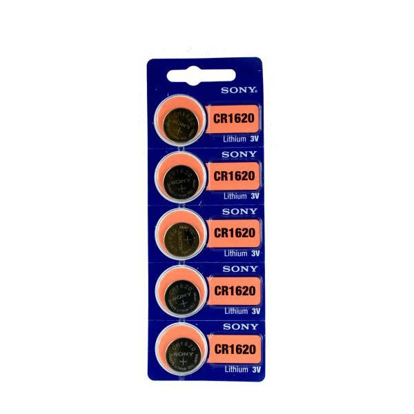 Pack of five Sony CR1620 3V lithium coin cell batteries
