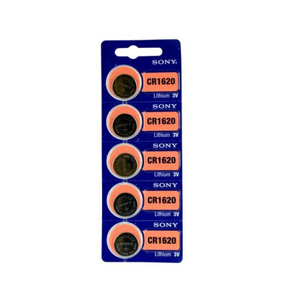 Pack of five Sony CR1620 3V lithium coin cell batteries