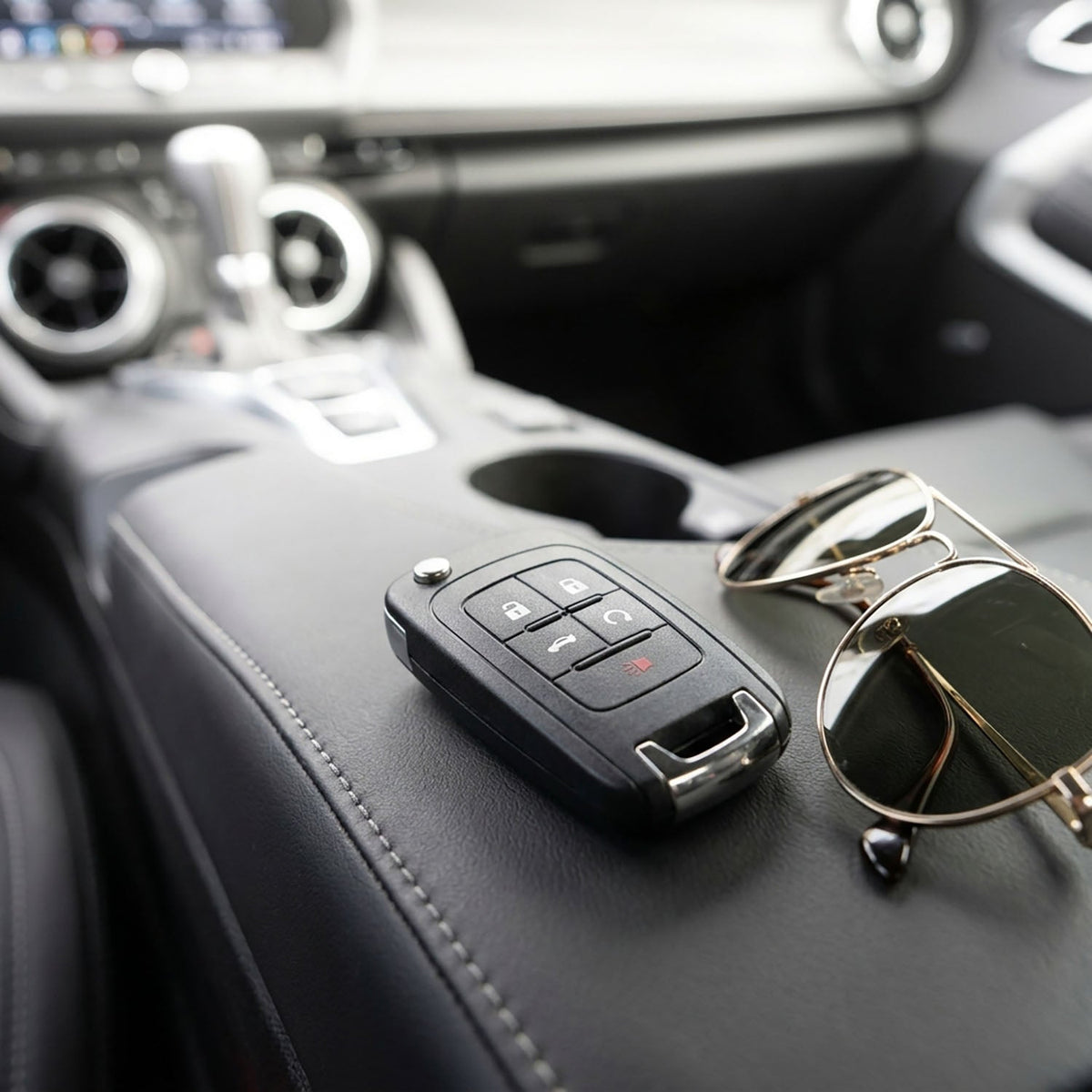 Chevrolet Sonic key fob and sunglasses on center console