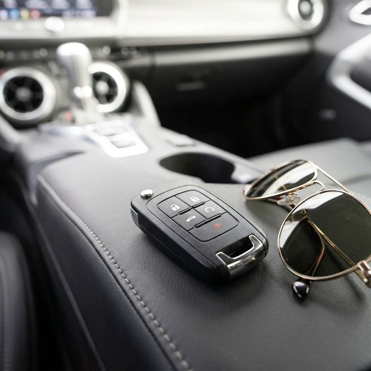 Car key fob and aviator sunglasses on a leather center console