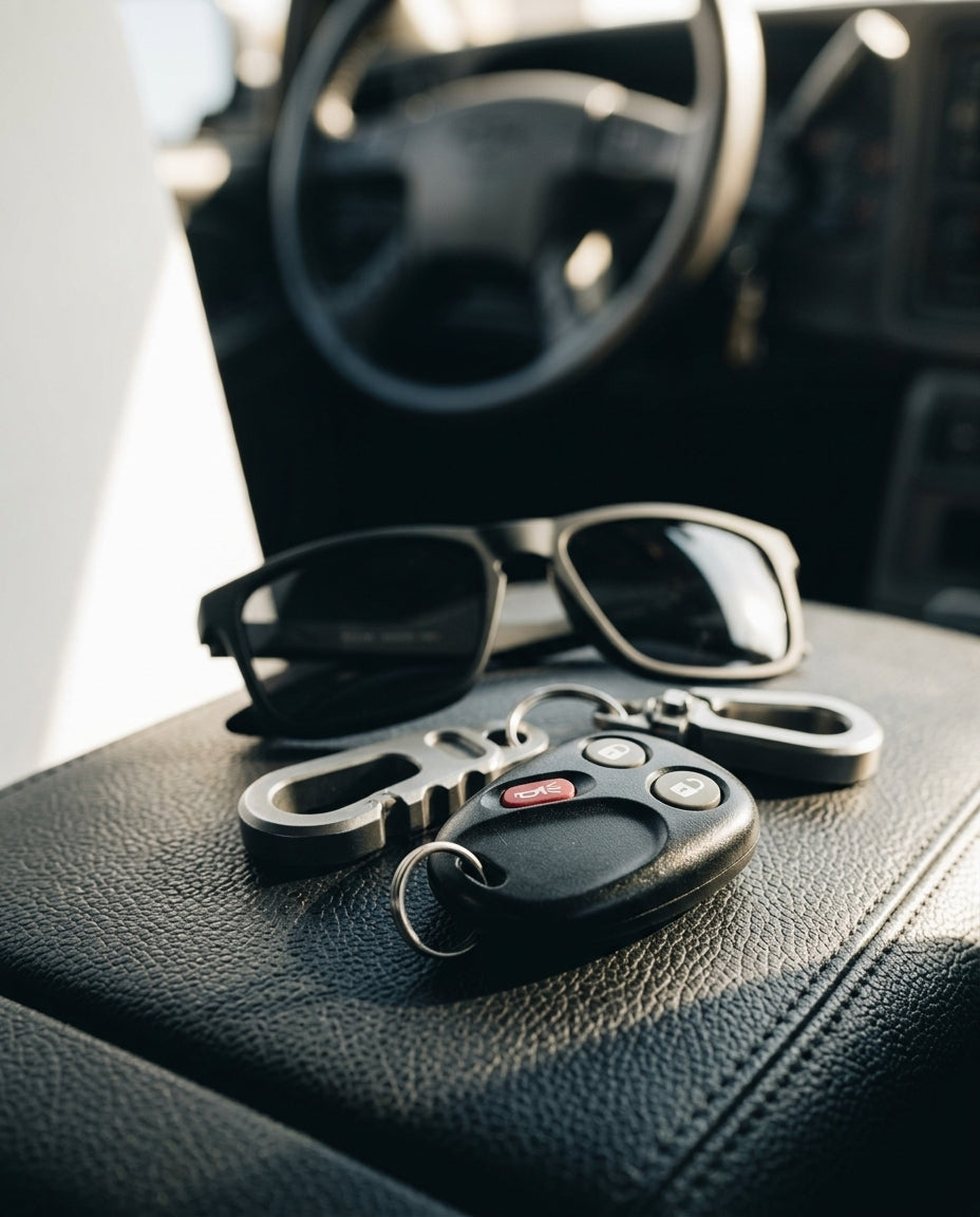 Chevrolet Suburban key fob and sunglasses on center console
