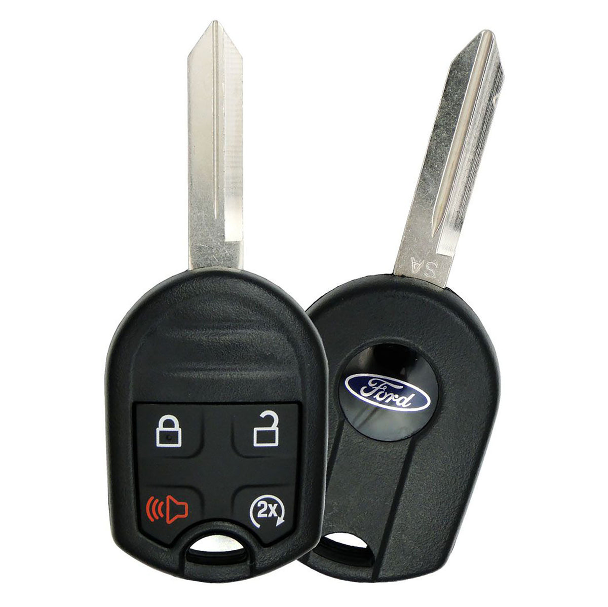 Two Ford vehicle key fobs with lock unlock panic and remote start buttons